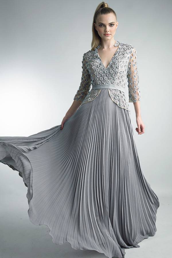 Long-Sleeved Cross Embroidered Crystal Gown