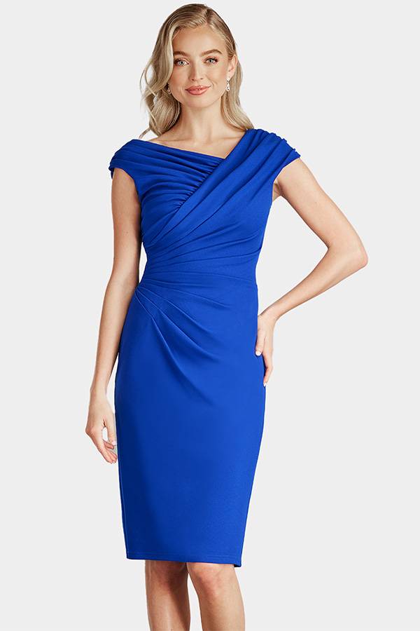 Model wearing a blue Asymmetric Neckline Dress with Cap Sleeves